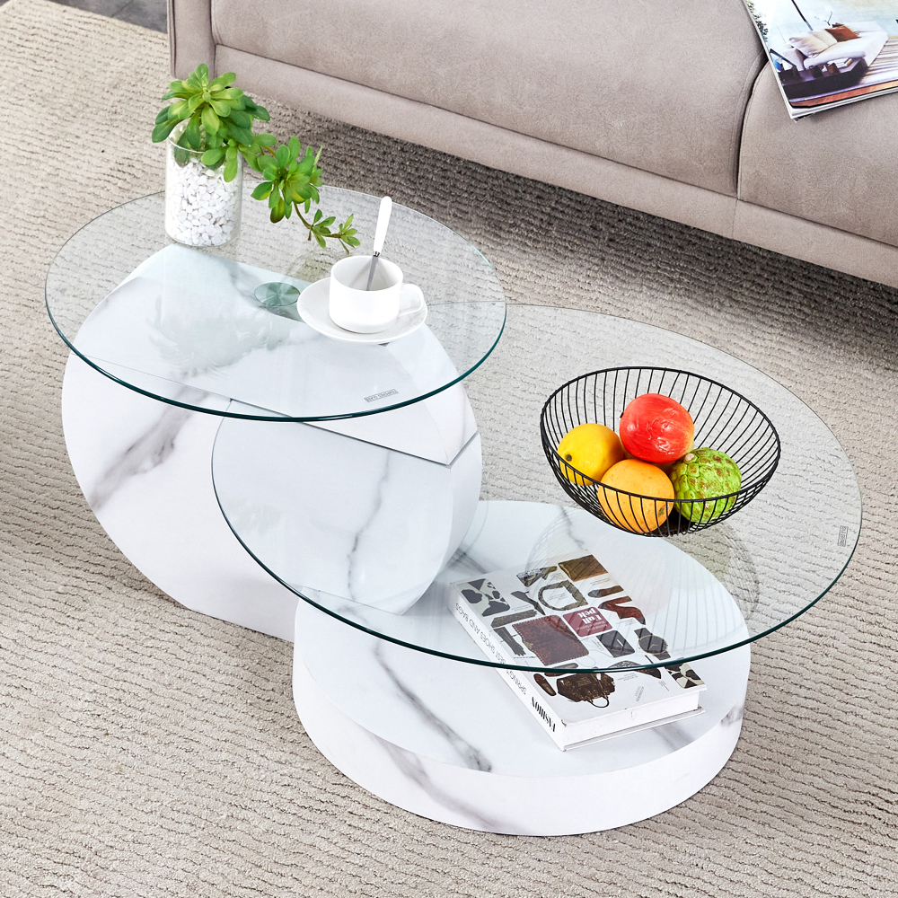 Mesa de centro de 2 niveles cristal y mdf blanco efecto mármol 70x70cm