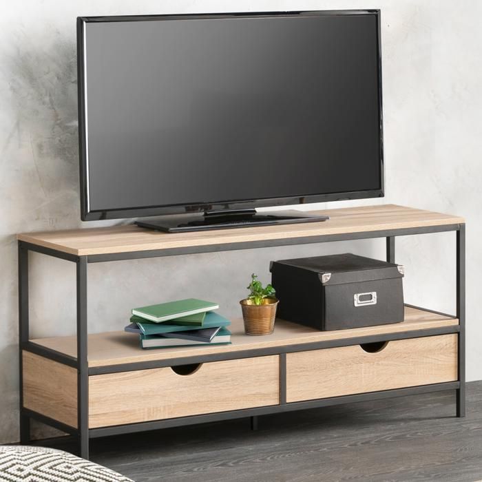 Mueble tv industrial - 2 cajones - 113 cm - madera y metal