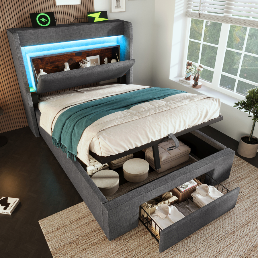 Cama tapizada 90x200cm almacenaje hidráulico LED lino gris con colchón