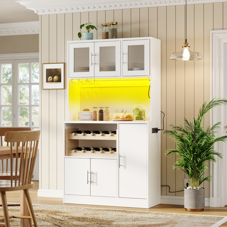 Aparador para cocina con LED enchufe y botellero blanco 180x100x40cm