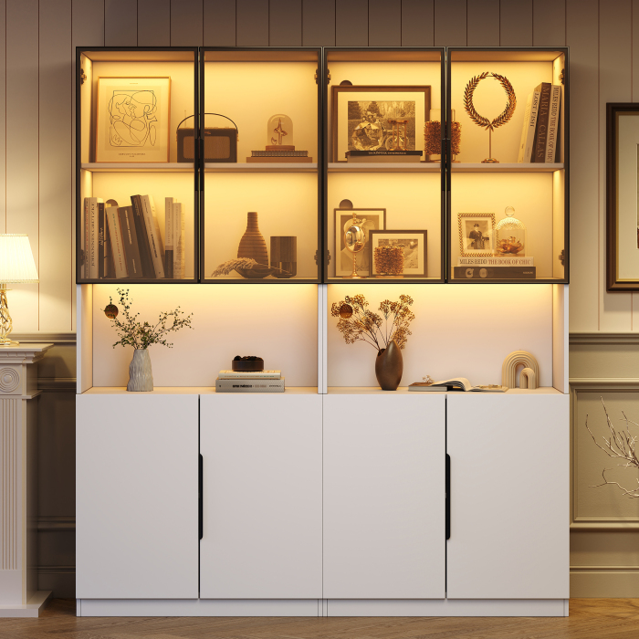 Vitrina alta blanca con puertas de cristal y LED 200x160x30cm