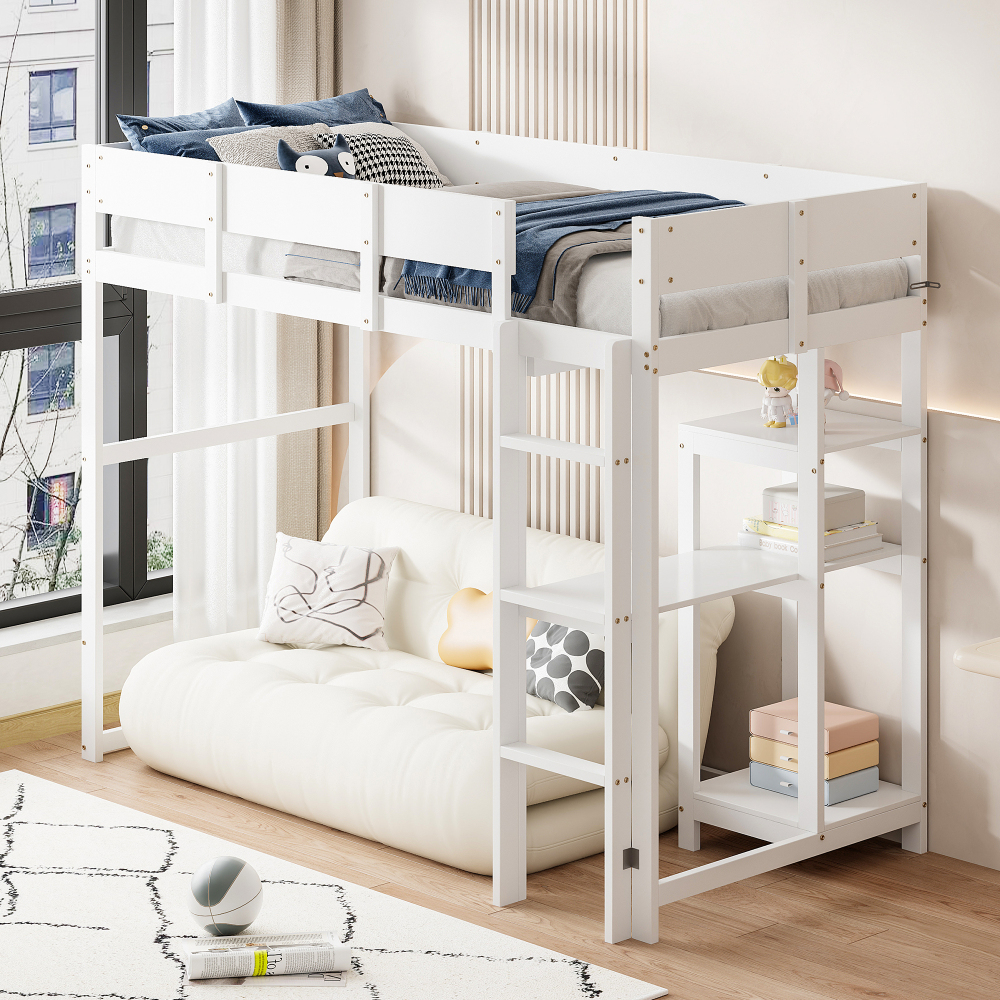 Cama alta juvenil 90x200cm con estantes y somier, pino macizo – blanco