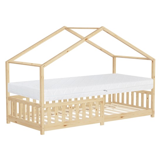Cama infantil casa de madera natural maciza 90x200cm con colchón 16cm