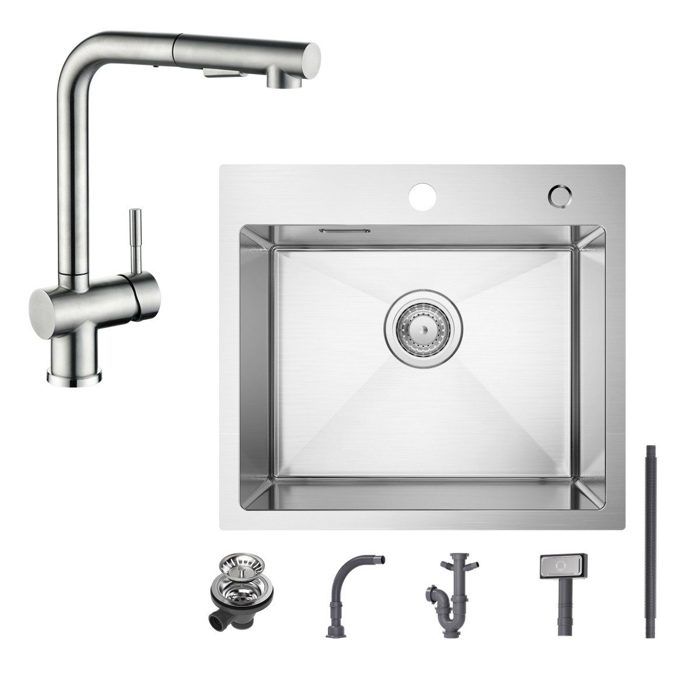 Fregadero de cocina 1 seno 50×45cm acero inoxidable cepillado, mezclador de
