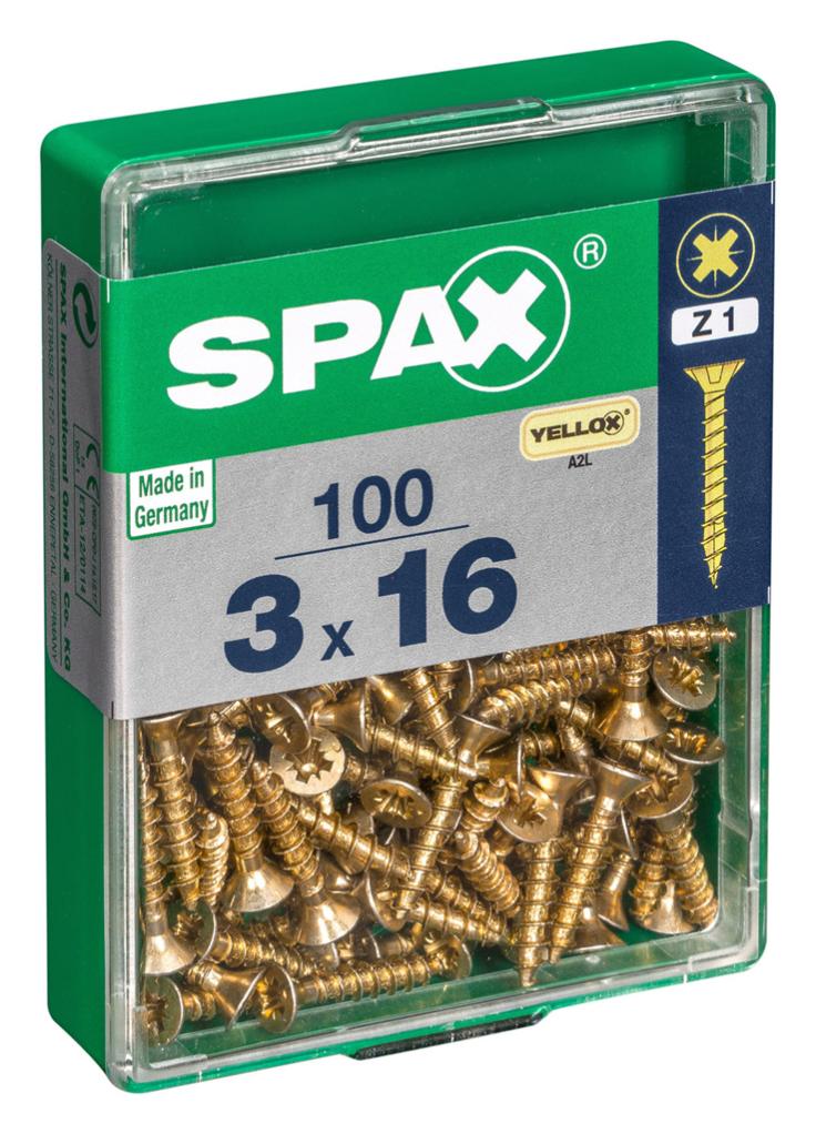 Caja 100 unid. Tornillo madera spax cabeza plana yellox 3,0x16mm