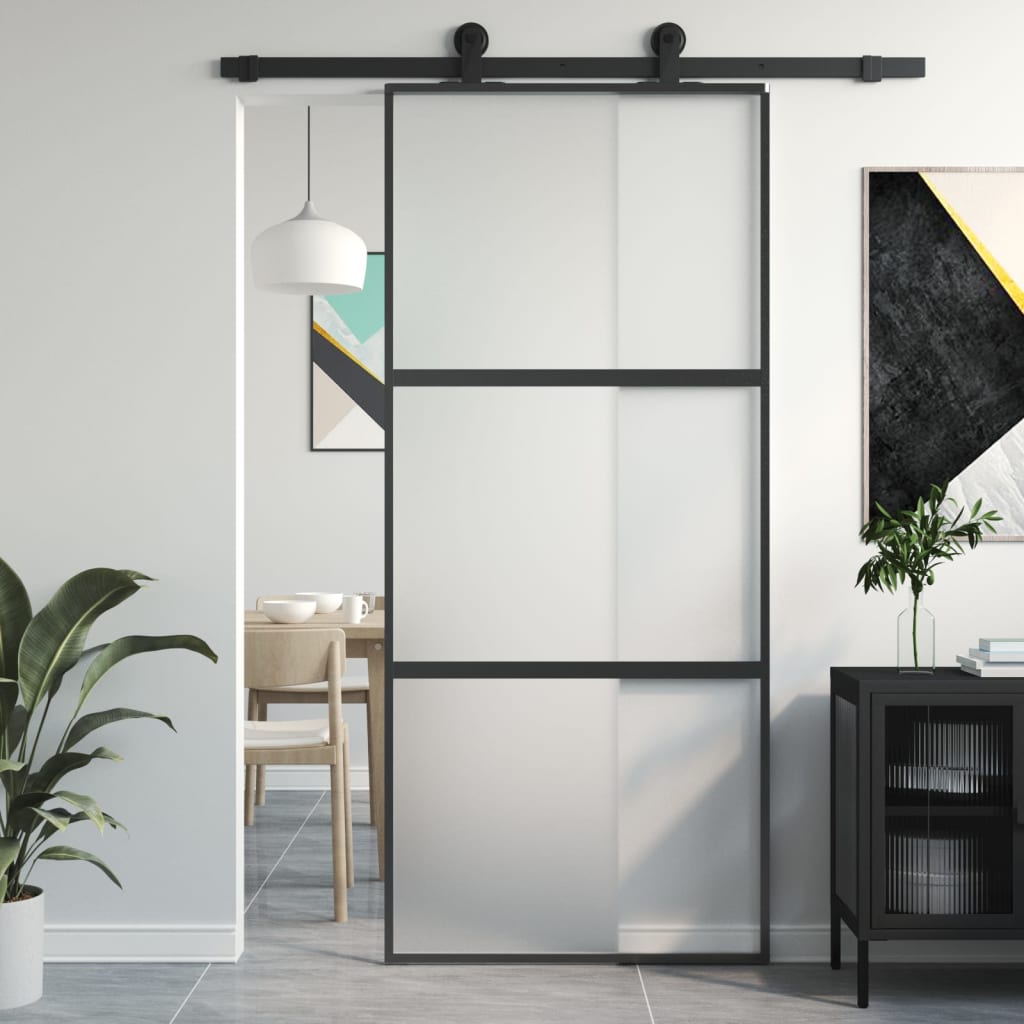 Puerta corredera vidrio templado y aluminio negra 90x205 cm esxt1222