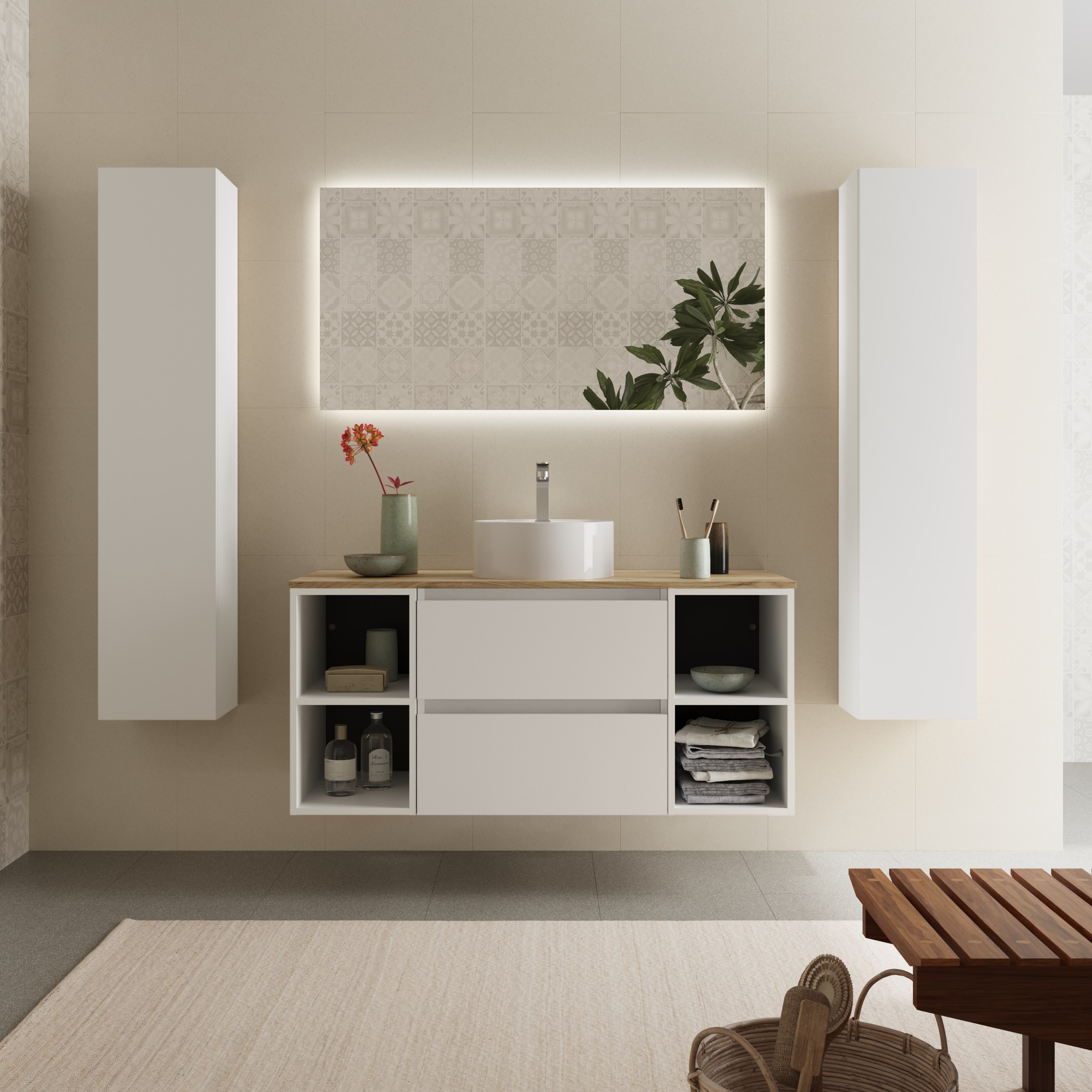 Mueble baño bequia 120cm + coqueta centrado + encimera + lavabo | blanco