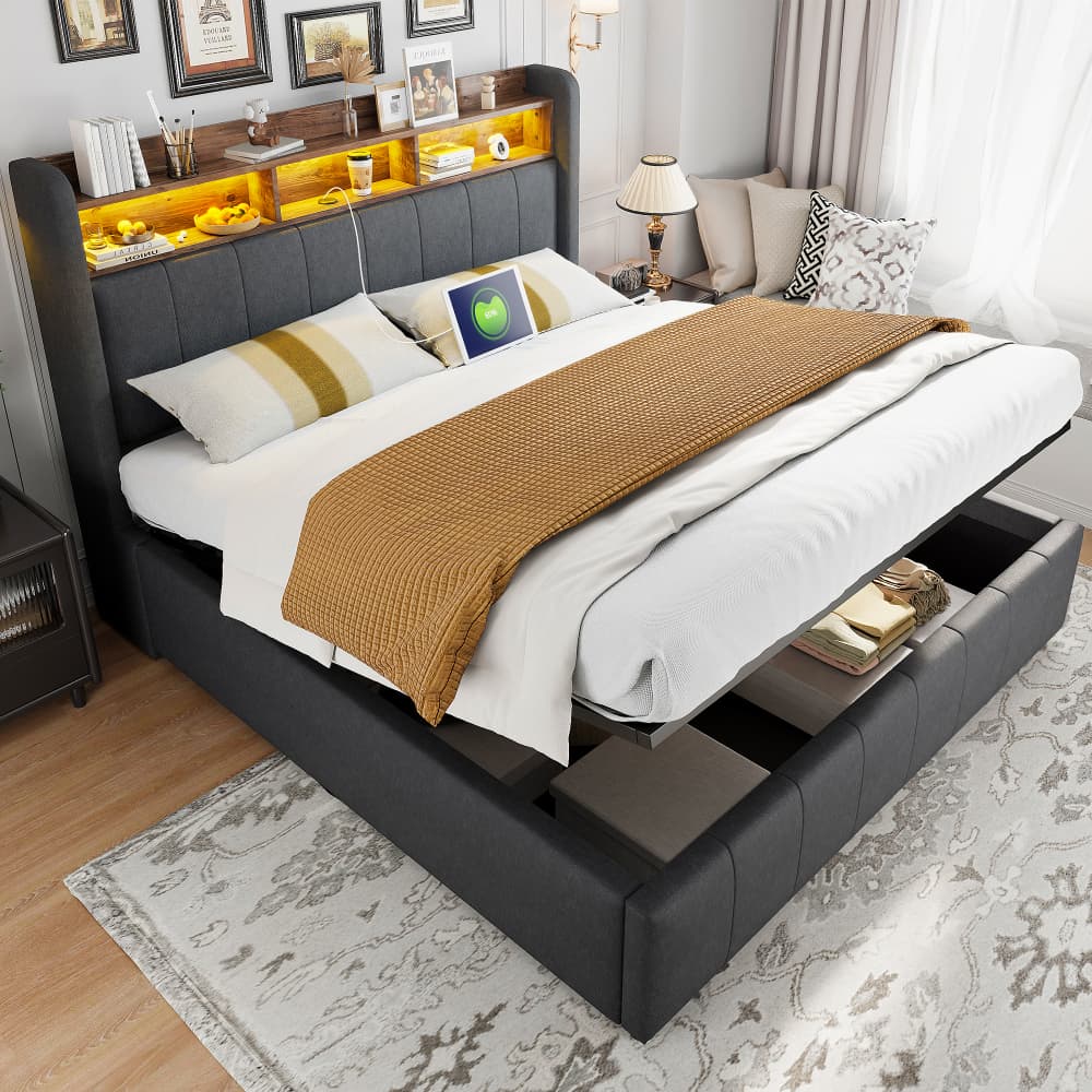 Cama doble tapizada 160x200cm con canapé hidráulico, LED, usb lino gris