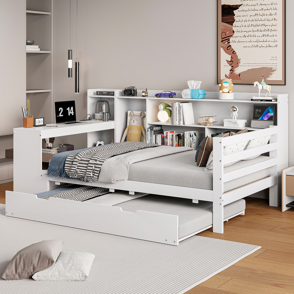 Cama nido 90x200cm, sofá cama con escritorio y estantes madera blanco