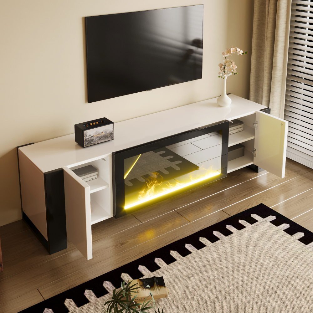 Mueble de tv con chimenea decorativa 2 puertas blanco y negro 55x165x32cm