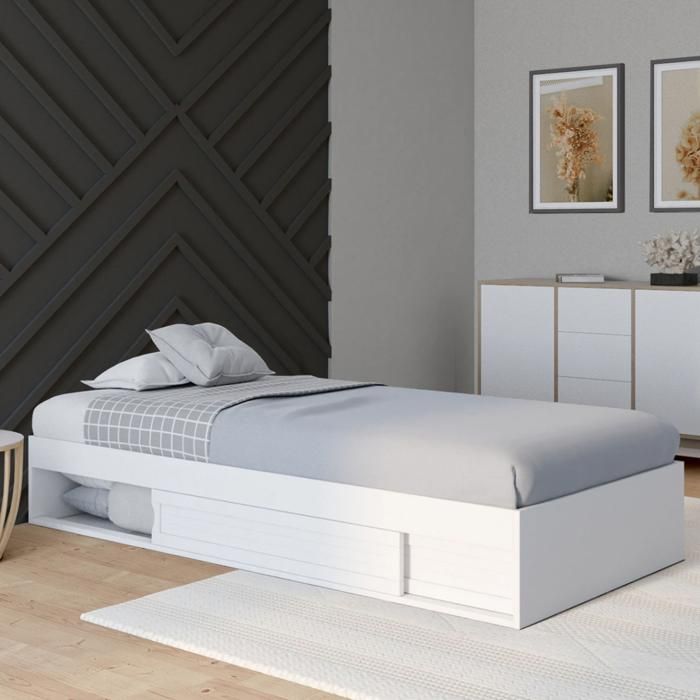 Estructura de cama individual blanca con almacenamiento 90 x 190 cm