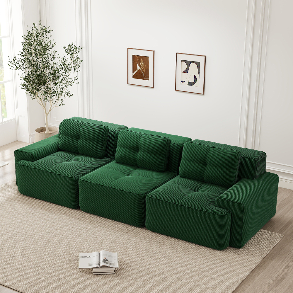 Sofá modular 3 plazas pana verde asiento profundo sin montaje