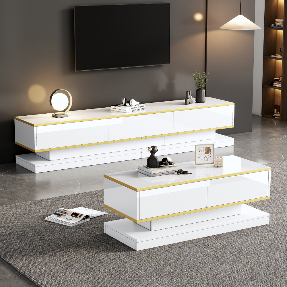 Conjunto mueble de tv y mesa de centro con 5 cajones blanco brillo y dorado