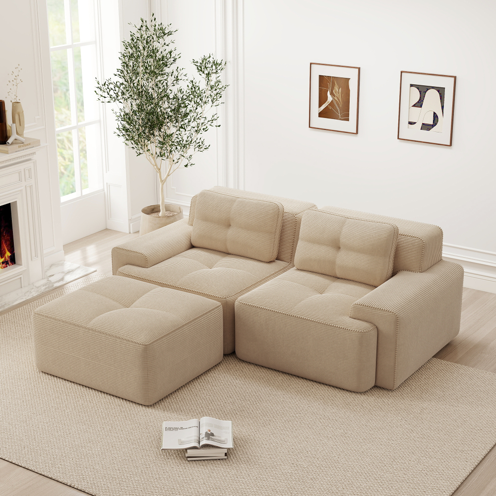 Sofá modular en l pana beige otomana asiento profundo sin montaje
