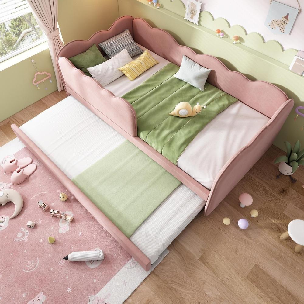 Cama 90x190 cm, litera nube, con ruedas, sin colchón, terciopelo rosa