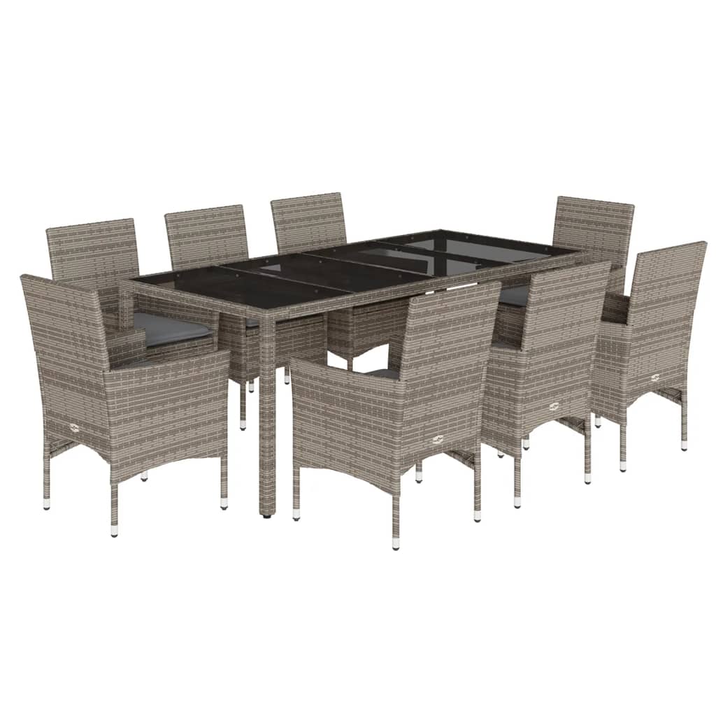 vidaXL set comedor jardín 9 pzas y cojines ratán sintético vidrio gris