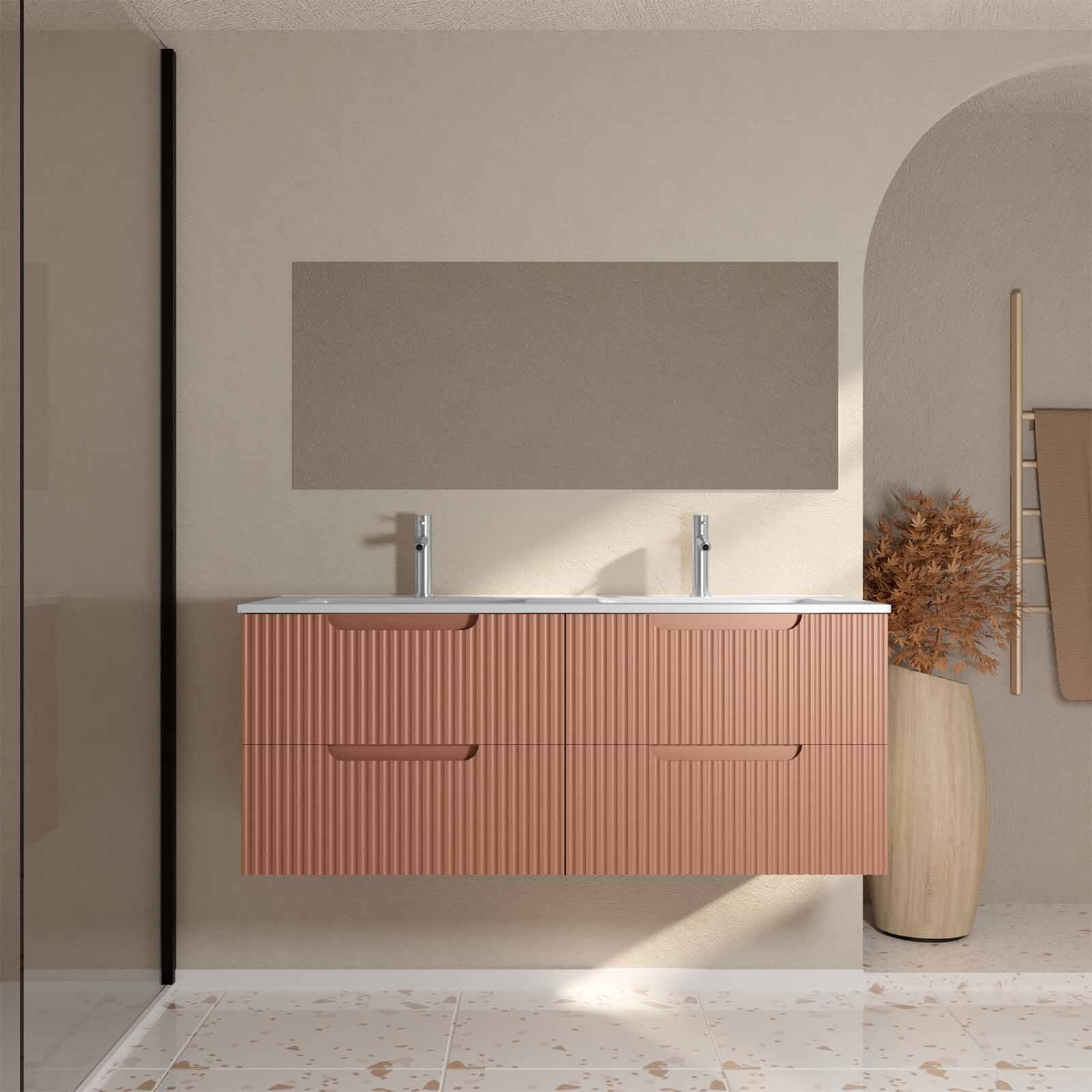 Mueble de baño 120cm terracotta - 4 cajones ondulados - lavabo doble - leon