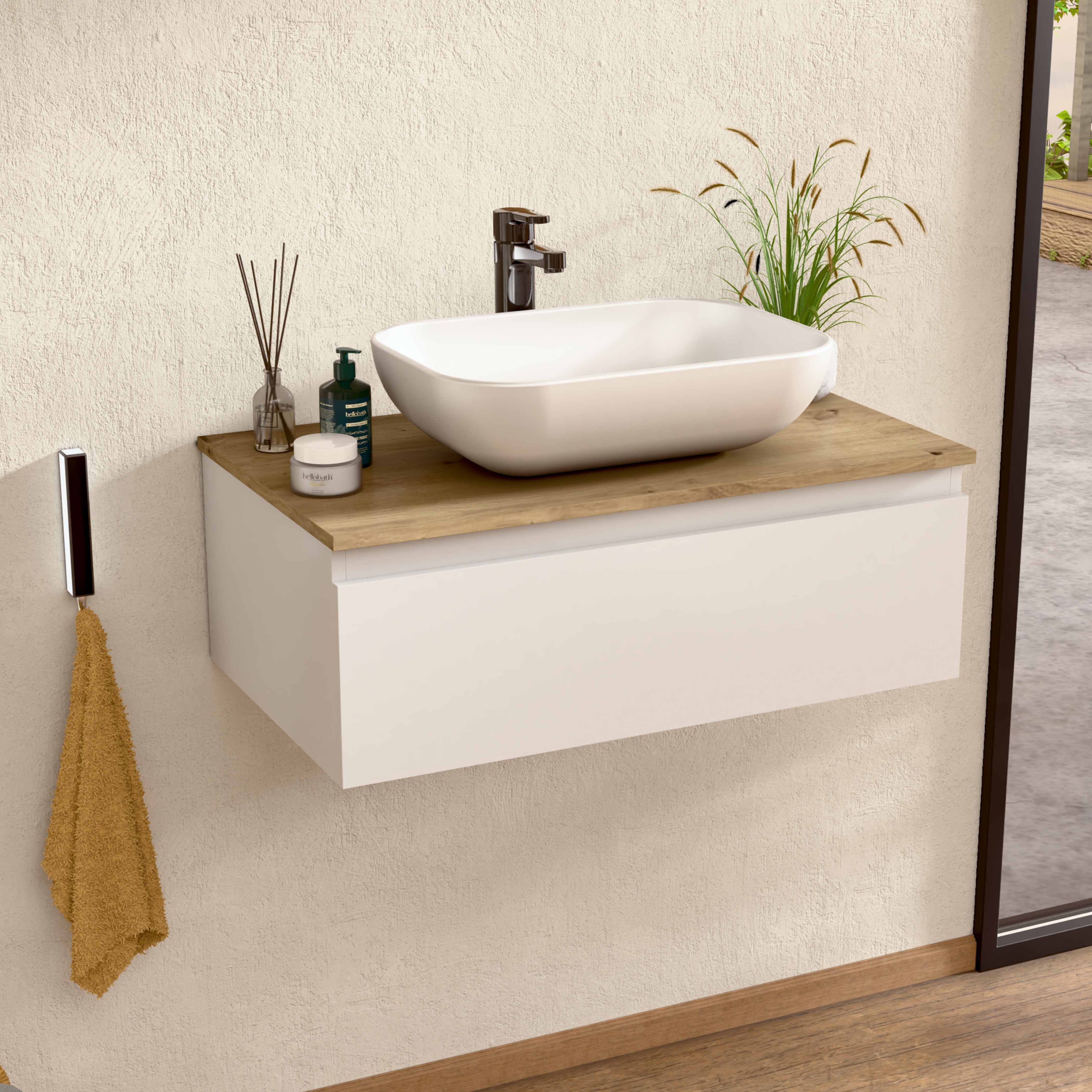 Mueble baño suspendido 60 cm blanco/roble, lavabo bellobath