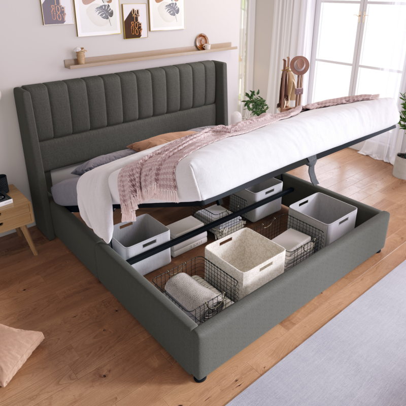 Cama tapizada 160x200cm con canapé hidráulico y cabecero de rayas lino gris