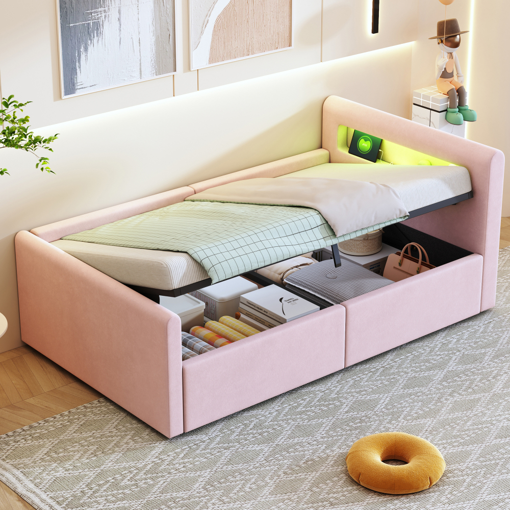 Cama tapizada 90x200cm con canapé hidráulico, LED y usb terciopelo rosa