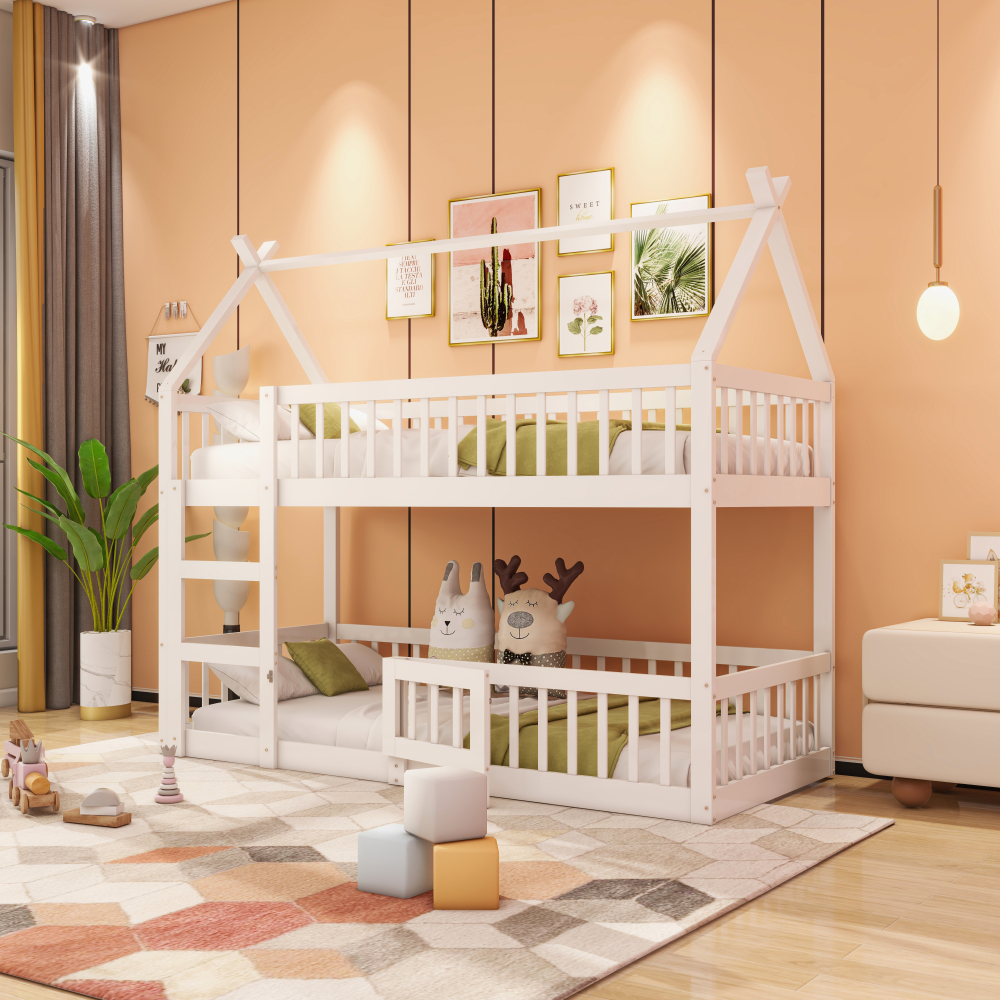 Cama alta 90x200cm con escalera y barandilla madera maciza – blanco