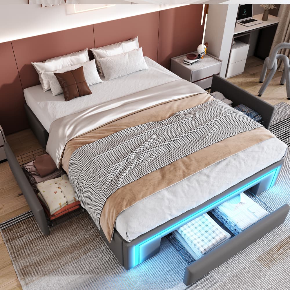Sofá cama 90x200 cm con LED, usb y cajones tela – color beige