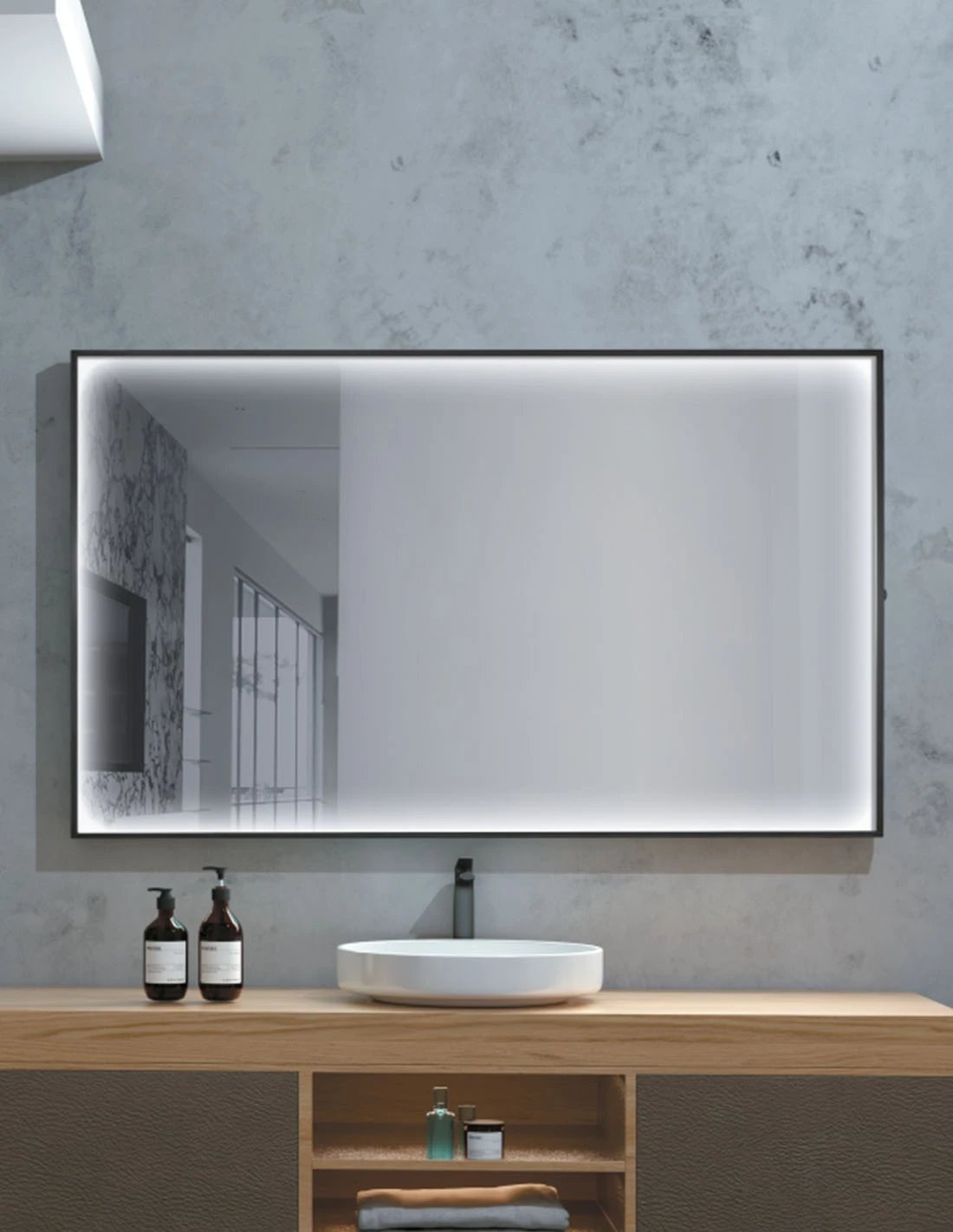 Espejo con luz LED marco color negro mate anti-vaho, sensor on/off 100x80