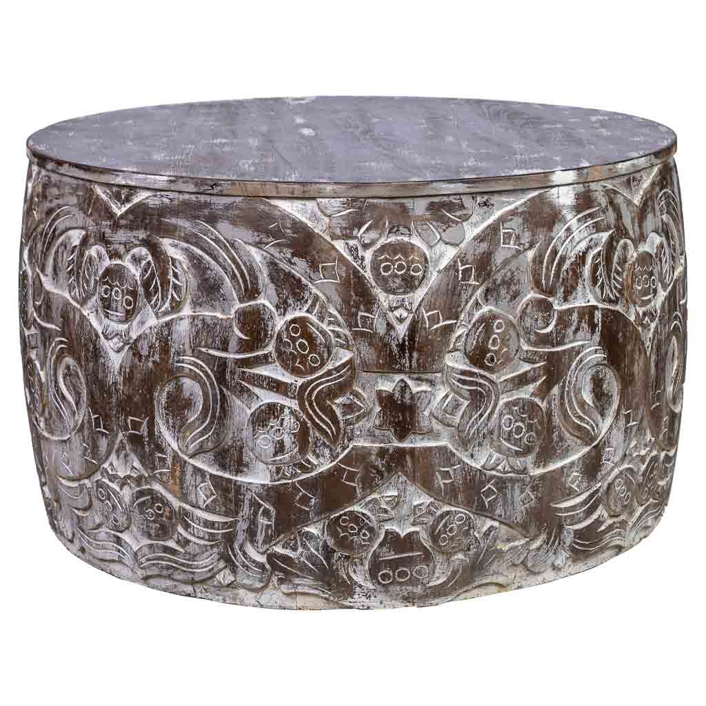 Mesa de centro redonda de madera tallada artesanal marron 76x76x45