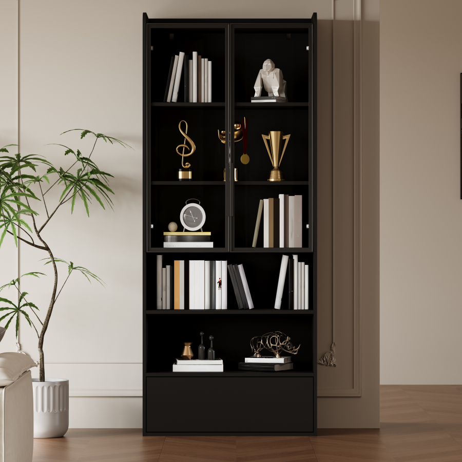 Vitrina con 1 cajón y LED negro brillante 180x80x34cm