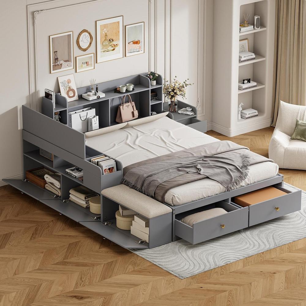 Cama combinada de madera maciza 140x200cm con almacenaje gris