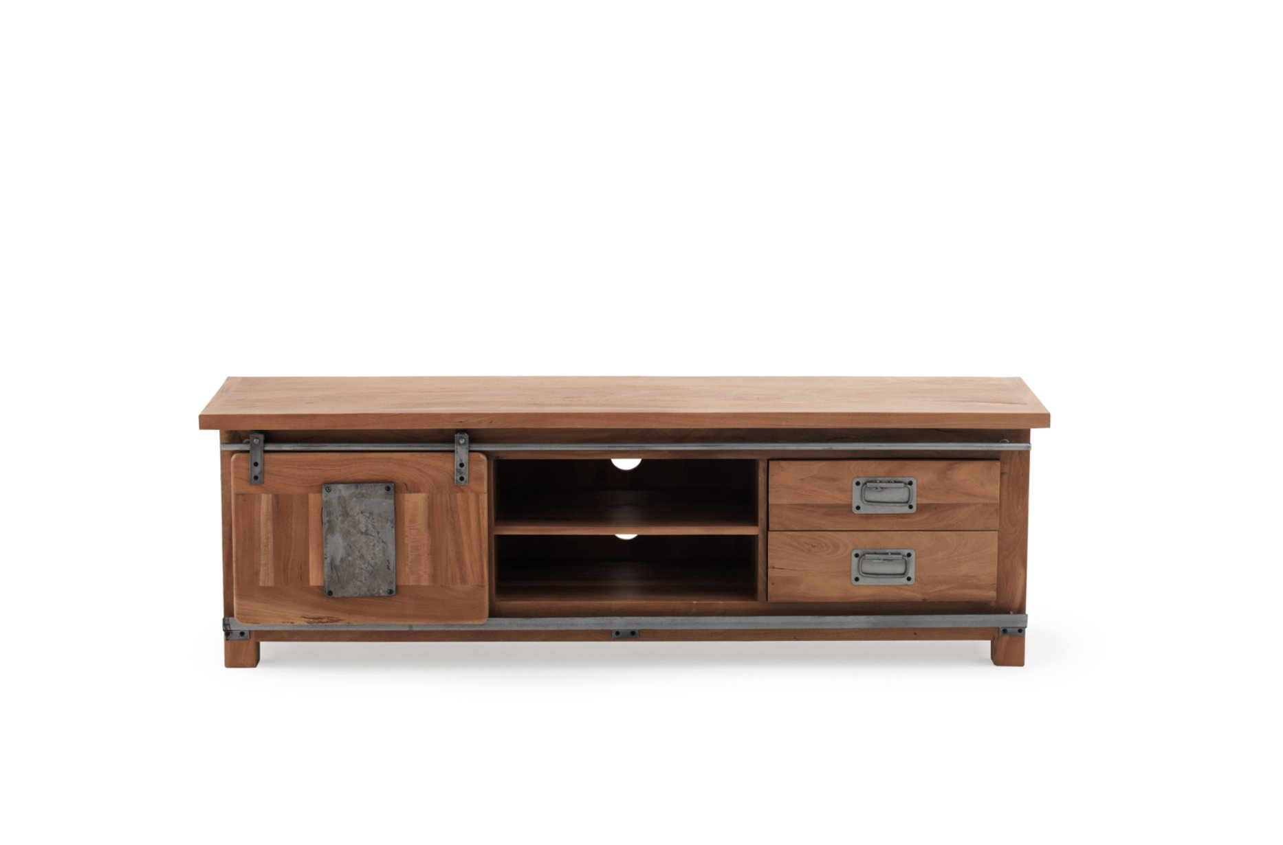 Mueble tv 1 puerta corredera y 2 cajones de acacia reciclada, 160x40x51cm