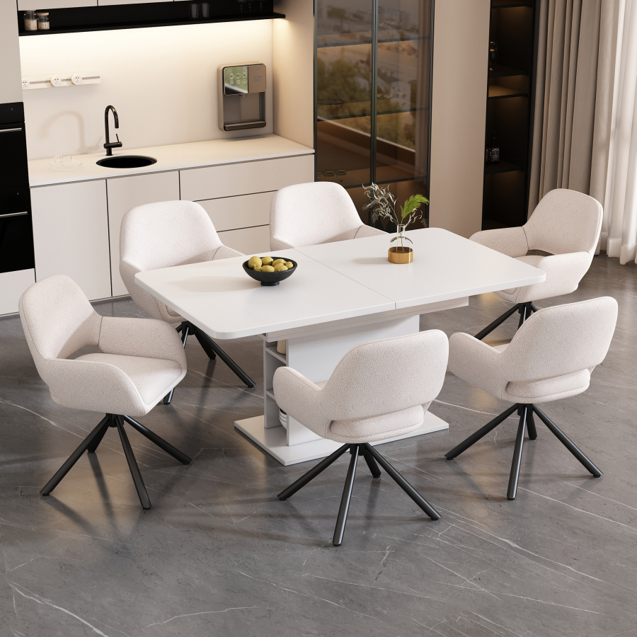 Conjunto de mesa extensible blanca con almacenamiento 6 plazas