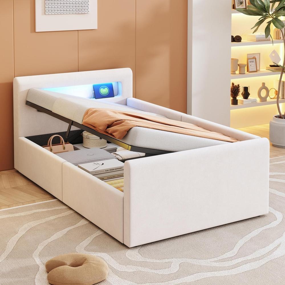 Cama infantil 90x200cm con LED, usb, estante, arcón hidráulico beige