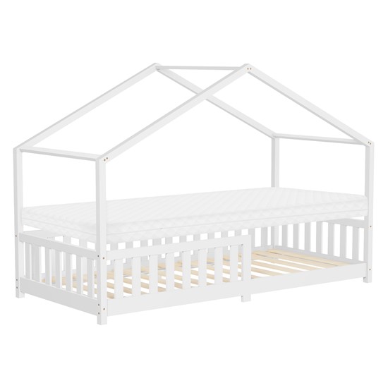 Cama infantil casa de madera blanca maciza 90x200cm con colchón 10cm