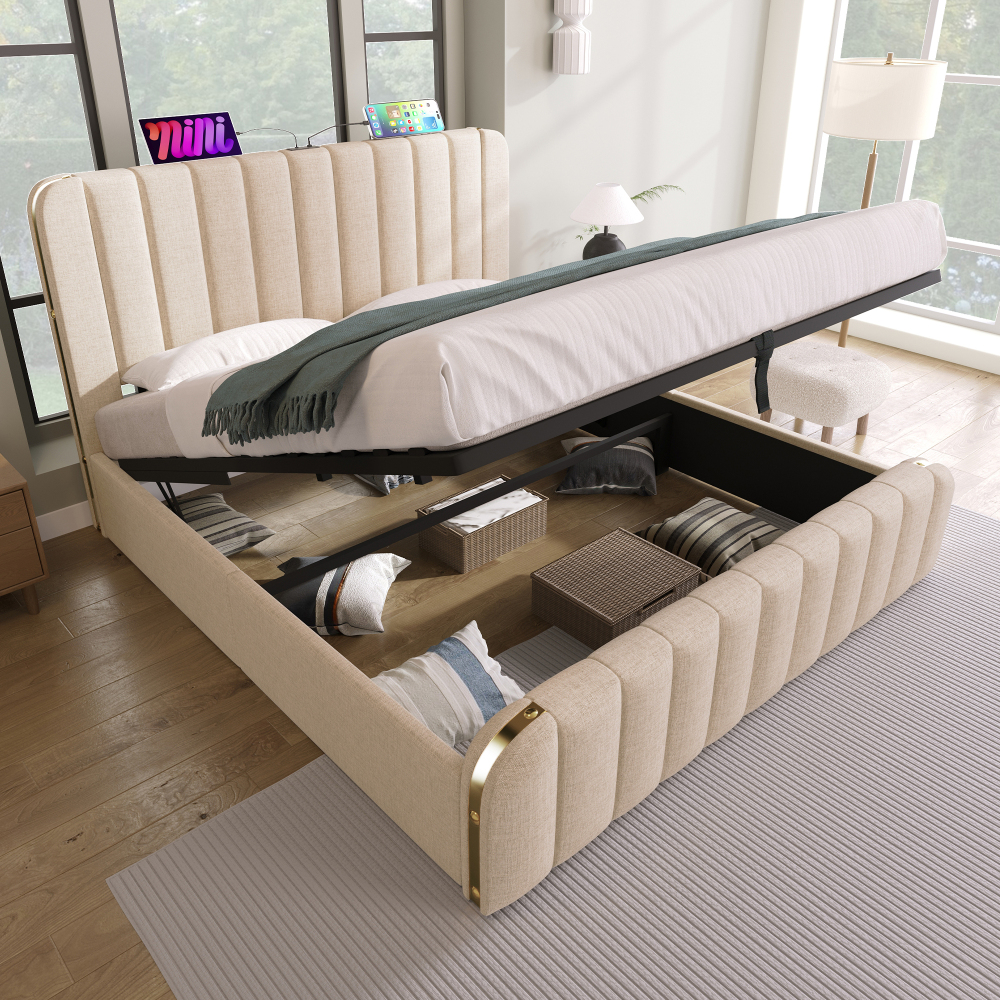 Cama tapizada 140x200cm con almacenaje hidráulico y usb lino – beige