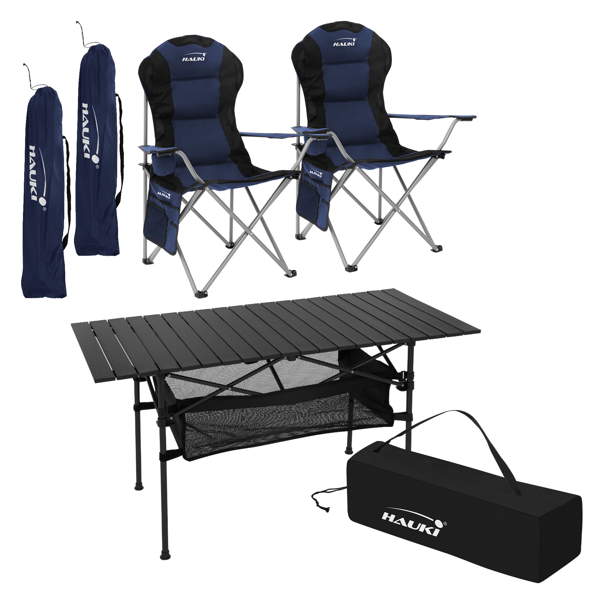 Muebles de camping mesa y 2 sillas azul plegables mobiliario acampada