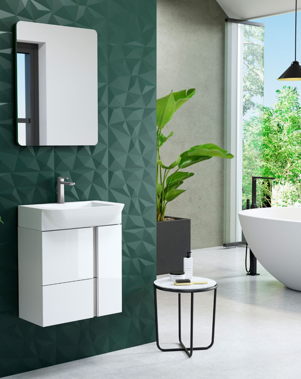 Mueble de baño suspendido fondo reducido con lavabo cerámico | 55cm