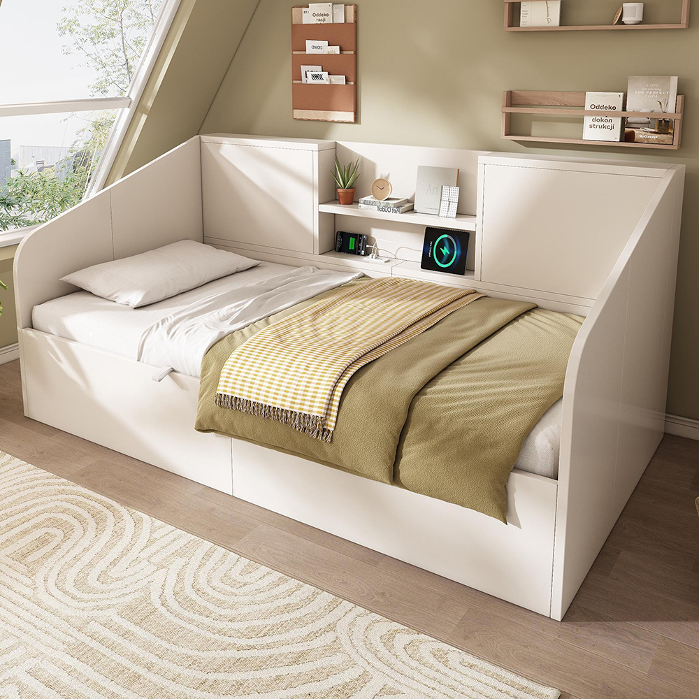Sofá cama hidráulico blanco 90x200,somier de láminas.