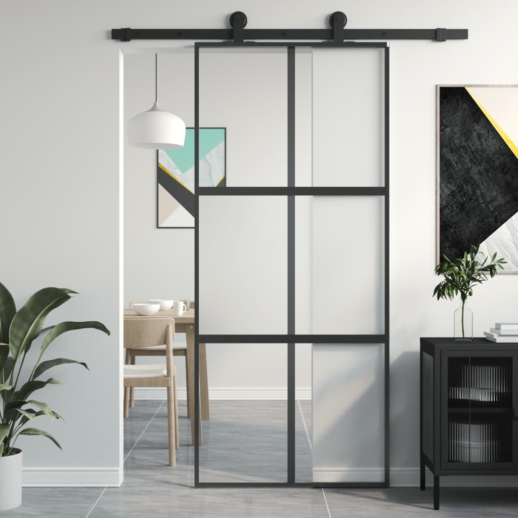 Puerta corredera vidrio templado y aluminio negra 90x205 cm esxt8702