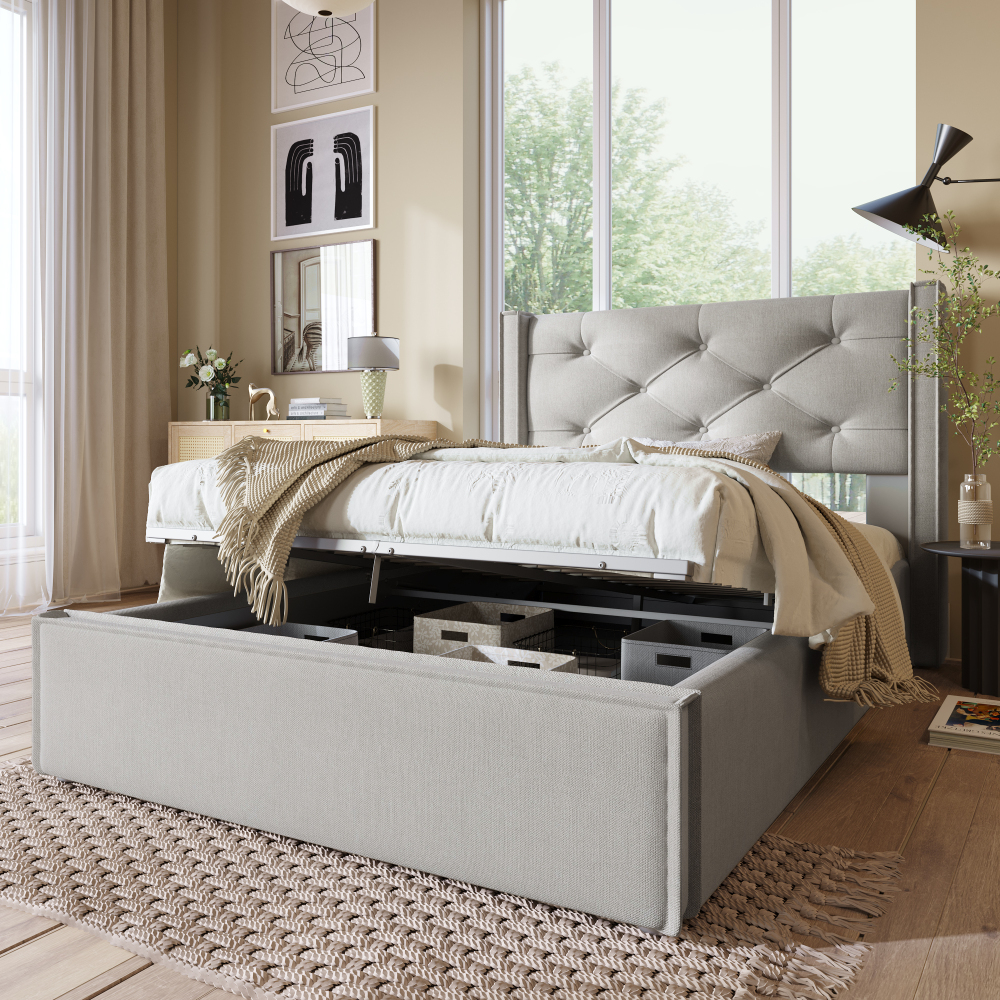 Cama Individual Tapizada 90x200cm Con Canapé Hidráulico Algodón Gris Claro