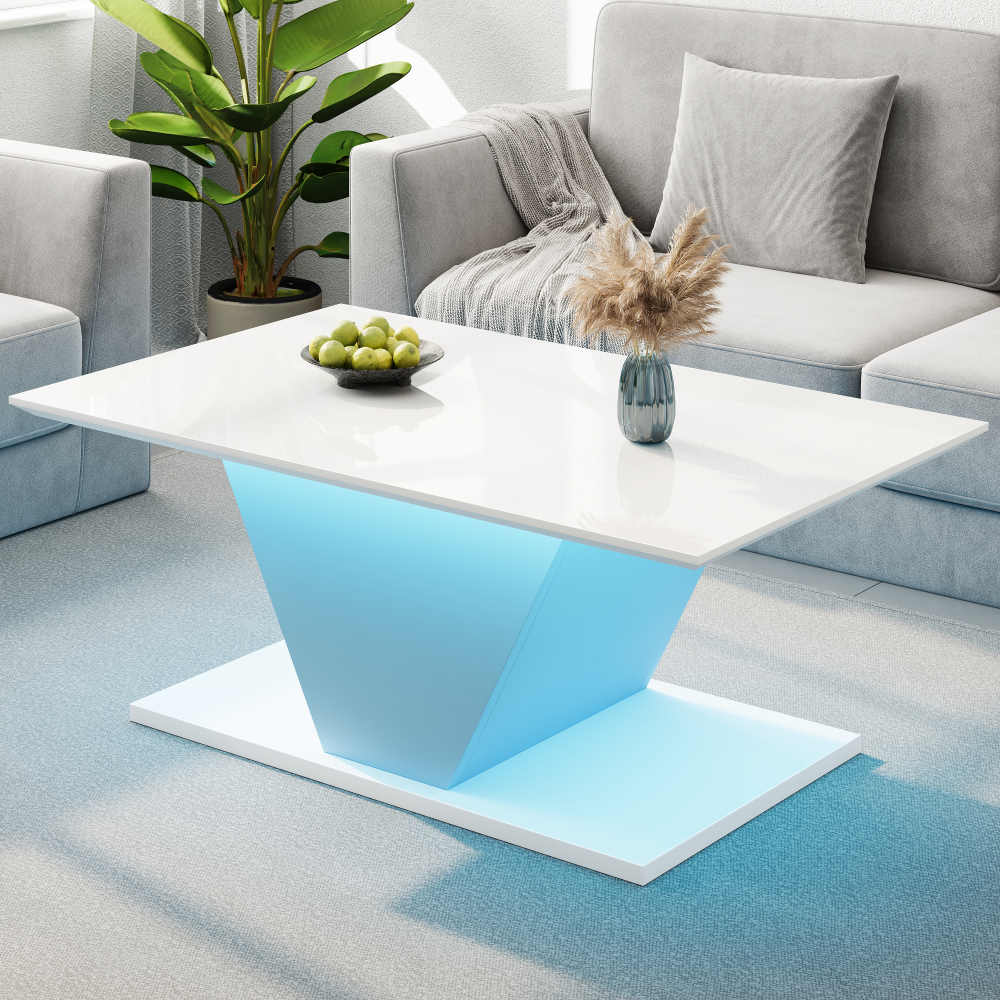 Mesa de centro con LED forma en v tablero de partículas blanco 46x100x50cm