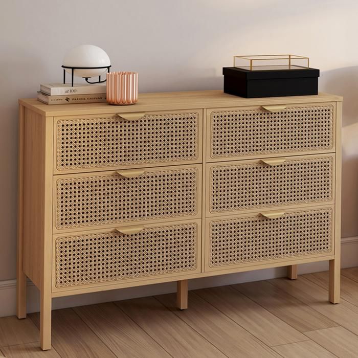 Cómoda de 6 cajones de madera con rejilla de ratán natural de 115 cm