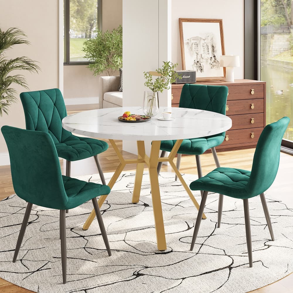 Conjunto de mesa y sillas mdf efecto mármol verde dorado redondo 5 piezas