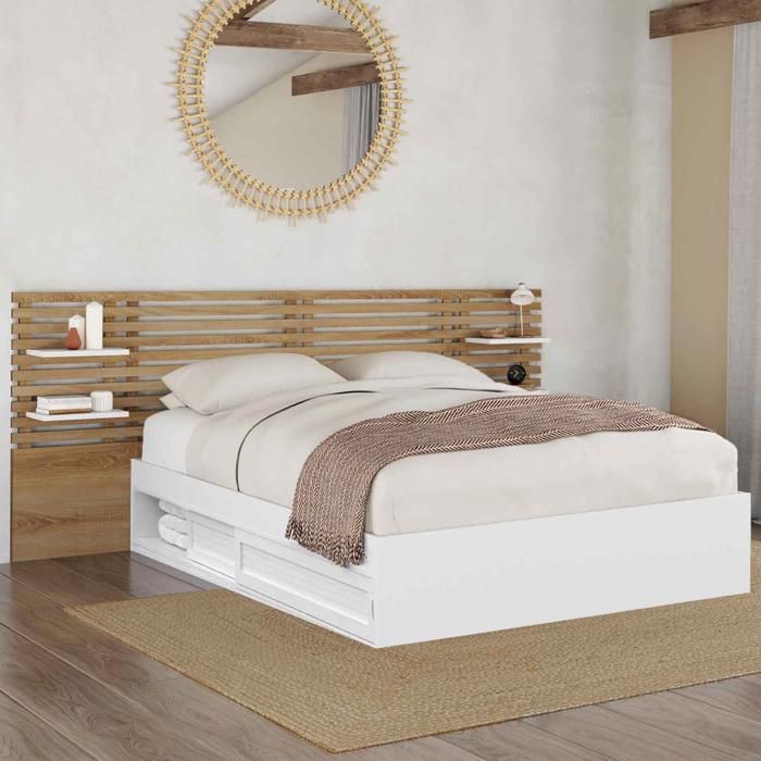 Cama doble blanca con almacenaje y somier de 140x190 cm