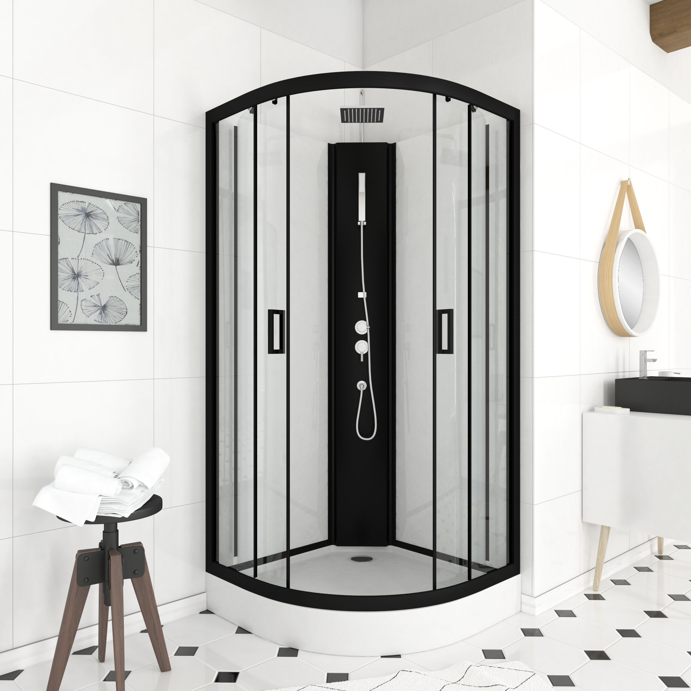 Cabina de ducha lift up negro 1/4 círculo 85x85x235cm