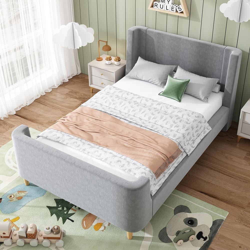 Cama infantil 90x200cm, terciopelo gris, cabecero acolchado