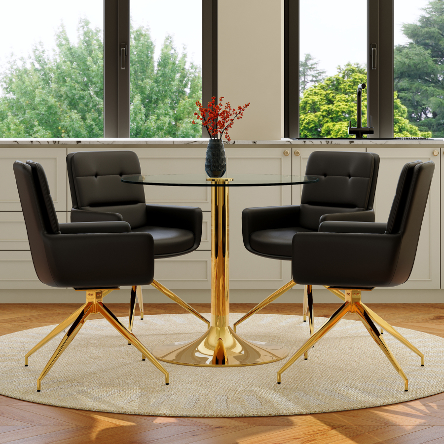 Mesa de comedor redonda con 4 sillas cristal negro y dorado 76x85x85cm