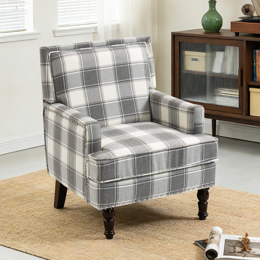 Sillón de algodón y lino blanco y gris para salón con patas de madera