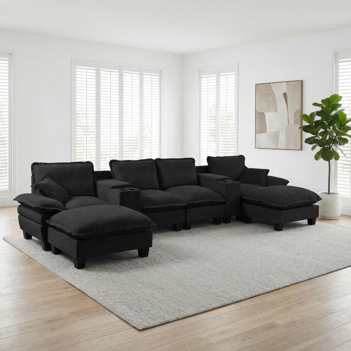 Sofá en u modular chenilla negro 4 plazas con usb almacenaje y otomanas