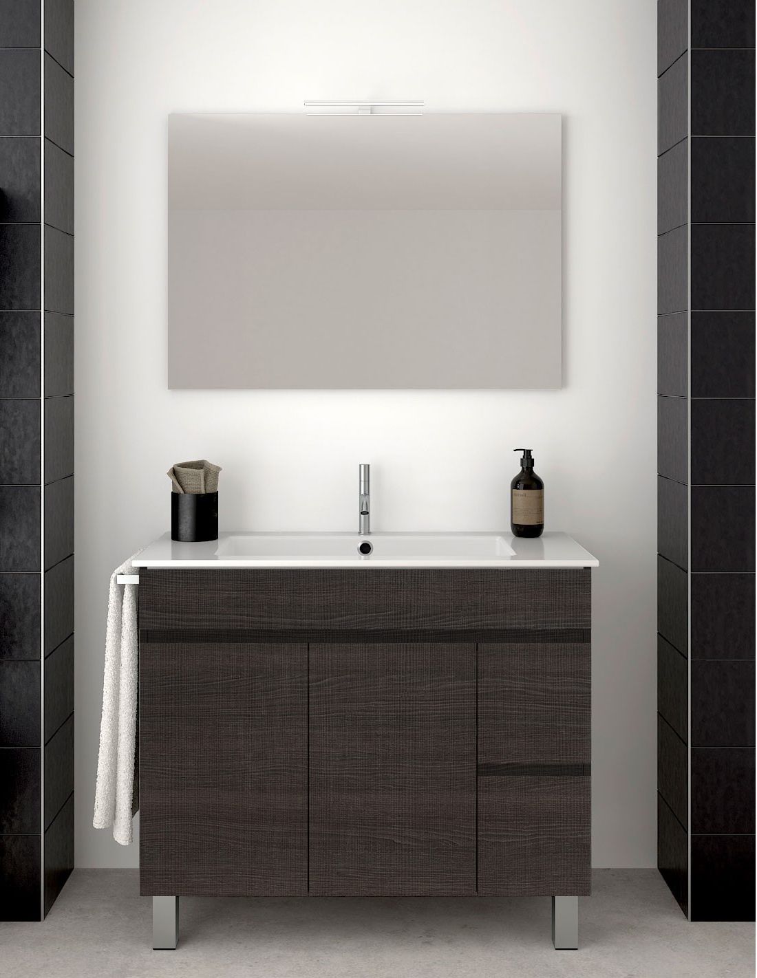 Mueble de baño isquia con lavabo dos senos y espejo 120x45cm roble sinatra